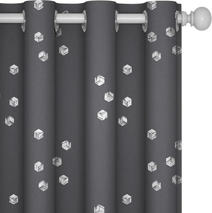 Deconovo Designer Series Silver Cubic Print Blackout Curtains for Living Room Bedroom Sliding Glass Door, Thermal Insulated Soundproof Window Drapes, Dark Grey, 52W x 95L Inch, 2 Panels