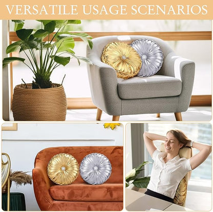 Kathfly Set of 4 Decorative Round Pleated Throw Pillows, Classy Velvet Pumpkin Round Throw Pillows, Decorative Floor Pillow for Bed Chair Home Sofa Decor, 14" Diameter(Gold and Silver)