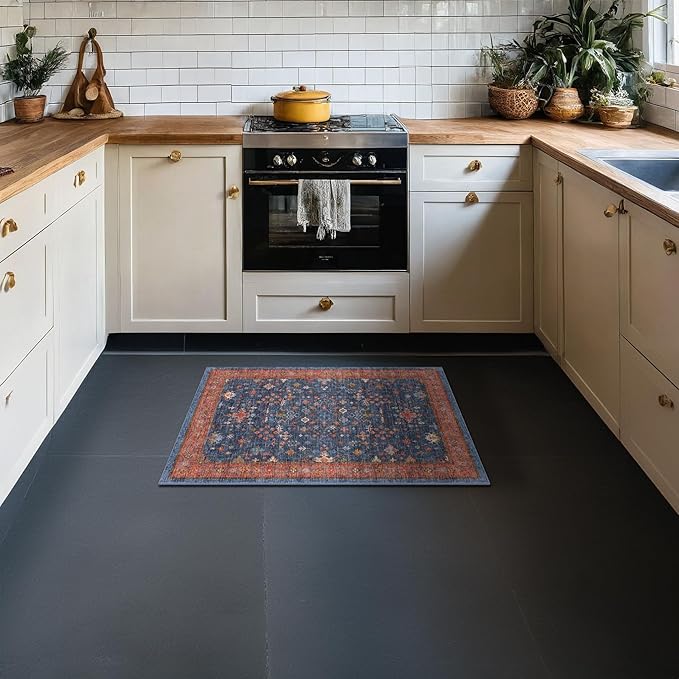 Hazo Haus Washable 2x3 Entry Rug Front Door Indoor, Farmhouse Small Area Rugs for Kitchen, Bathroom, Entrance, Non Slip Rubber Backed, Perfect for Boho Décor (2x3 Navy Blue)