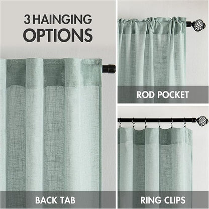 MIULEE Sea Green Linen Curtains 90 Inch Long for Bedroom Living Room, Soft Thick Linen Textured Window Drapes Semi Sheer Light Filtering Back Tab Rod Pocket Burlap Look Aqua Decor, 2 Panels