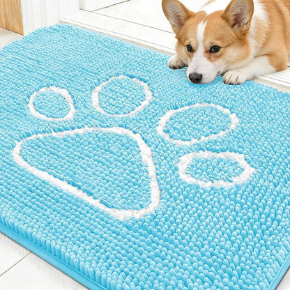 OLANLY Dog Door Mat for Muddy Paws 30x20, Paw Print Design, Absorbs Moisture and Dirt, Absorbent Non-Slip Washable Doormat, Quick Dry Chenille Mud Mat for Dogs, Entry Indoor Entryway Carpet, Blue