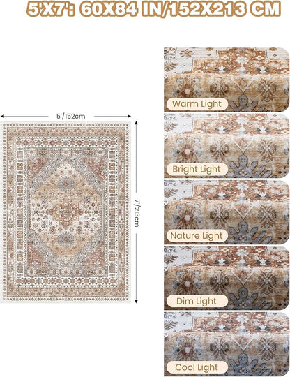 Area Rugs 5x7, Ultra-Thin Washable Rugs for Living Room, Anti-Slip Backing Area Rug for Bedroom, Soft Floral Vintage Home Decor Rug for Dining Room(Orange,5'x7')