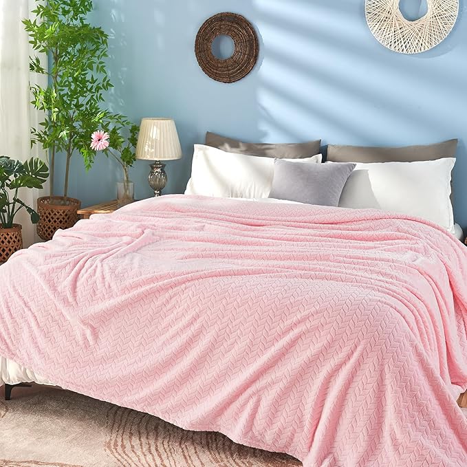 inhand Pink Fleece Twin Blanket, Super Soft Flannel Cozy Blankets for Adults, Lightweight Leaves Pattern Fuzzy Blanket for Couch Sofa Bed Office, Warm Plush Blankets for All Season, 60x90 Inches