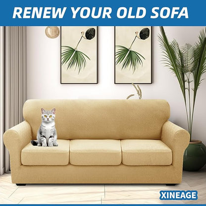 XINEAGE 2026 New 4 Pieces Extra Large Couch Covers for 3 Cushion Sofa Super Stretch Sofa Cover for 3 Large Seat Cushion Universal Fitted Slip Cover for Living Room (Beige), 91"-110"(3 Cushions)