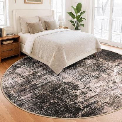 IOHOUZE Abstract Round Area Rug 8 Ft Washable Circle Rugs Large Round Rug Non Slip Thin Soft Circle Rugs, Printed Faux Wool Floor Carpet for Bedroom Living Room Dining Room Nursery, Brown/Rust