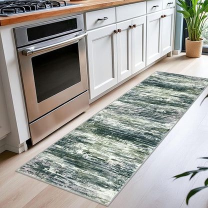 KOZYFLY Modern Abstract Runner Rugs 2x6 Green Yellow Machine Washable Area Rug for Bedroom Non-Slip Living Room Rug, Faux Wool Soft Low Pile Office Carpet for Dining Room, Bedroom, Kitchen Bathroom