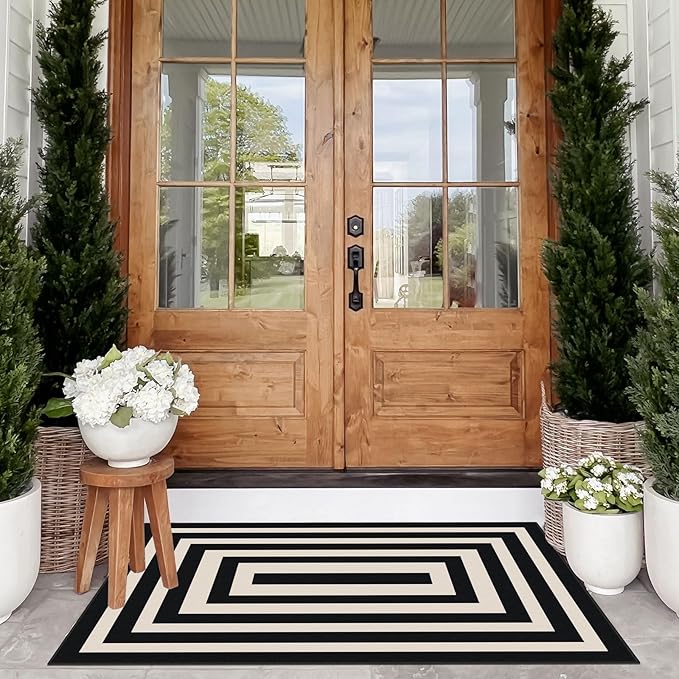 Modern Outdoor Rug - 28" x 43" Front Door Mat Indoor Outside Entrance Non-Slip Washable Outdoor Mat Black White Geometric Rug for Entryway Kitchen Bedroom Layered Doormat for Front Porch