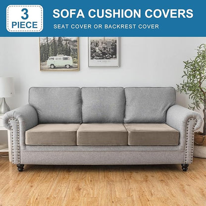 Couch Cover Stretch Velvet Sofa Cushion Cover 3-Piece - Elastic Washable Slipcover for Seat or Backrest, Couch Seat Covers for Sofas (Taupe)