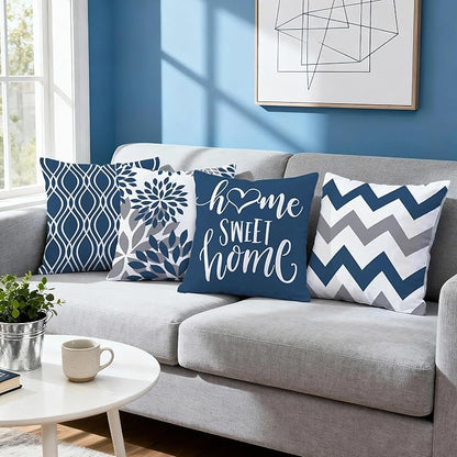 Hexagram Geometric Blue Pillow Covers 18x18 Set of 4, Decorative Outdoor Boho Modern Throw Pillow Covers, Home Sweet Home Farmhouse Cushion Case for Couch Sofa Bedroom Indoor Decor(No Insert)
