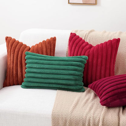 decorUhome Cozy Faux Fur Throw Pillow Covers 26x26 Set of 2 Decorative Soft Plush Striped Modern Farmhouse Boho Couch Euro Sham Pillow Cases with Velvet Back for Sofa Bed Living Room, Red