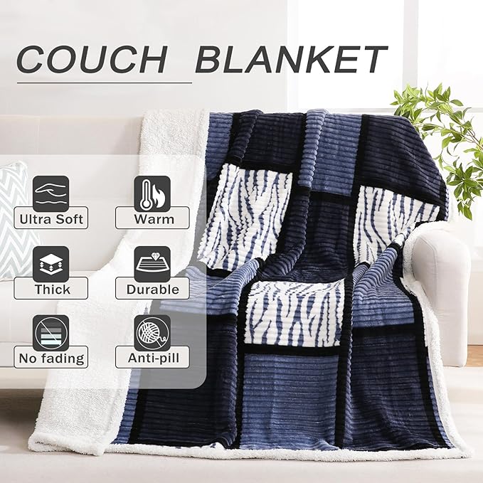 PU MEI Sherpa Blanket Fleece Throw Blanket Twin Plaid Thick Bed Blanket, Soft Warm Cozy Throw Blanket, 60”*80” Zebra-Blue