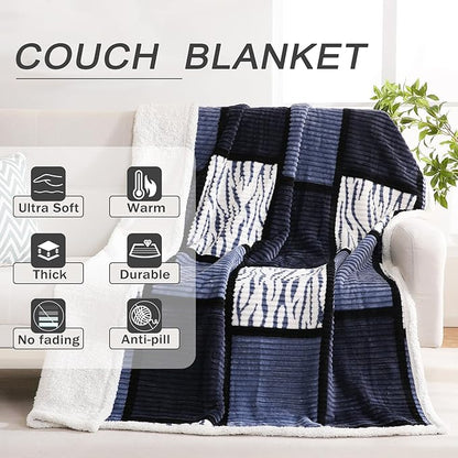 PU MEI Sherpa Blanket Fleece Throw Blanket Twin Plaid Thick Bed Blanket, Soft Warm Cozy Throw Blanket, 60”*80” Zebra-Blue