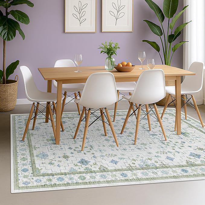 Hazo Haus Cream Oushak 6x9 Bedroom Rug - Boho Floral Cool Blue and Green, Washable Low Pile Non-Slip Ultra-Thin Large Area Rugs for Bed Room, Living Room, Playroom