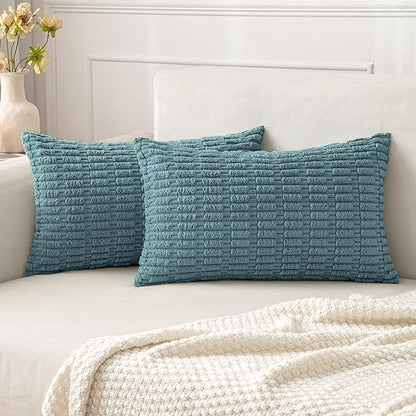 MIULEE Pack of 2 Corduroy Decorative Lumbar Throw Pillow Covers 20x12 Inch Soft Boho Striped Pillow Covers Modern Farmhouse Home Decor for Summer Coastal Sofa Living Room Couch Bed Coastal Blue
