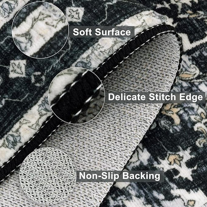 Yamaziot Washable Runner Rug, 2x8 Non-Slip Boho Vintage Hallway Rug Runner with Rubber Backing, Stain Resistant & Low Pile Distressed Carpet Runner for Bedroom, Kitchen, Laundry, Entrance, Black