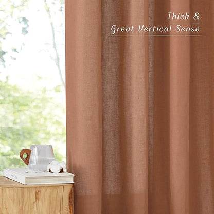 NICETOWN Caramel Linen Curtains for Kitchen, Thick Flax Small Window Treatments Semi Sheer Privacy Assured with Light Through for Cafe/Bathroom, W34 x L36, 2 Panels