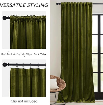 RYB HOME Moss Green Velvet Curtains 84 inches with Hook Belt, Soft Fabric Room Darkening Thermal Insulated Luxurious Home Decor Curtains for Living Room Bedroom, W 42" x L 84", 2 Panels Set