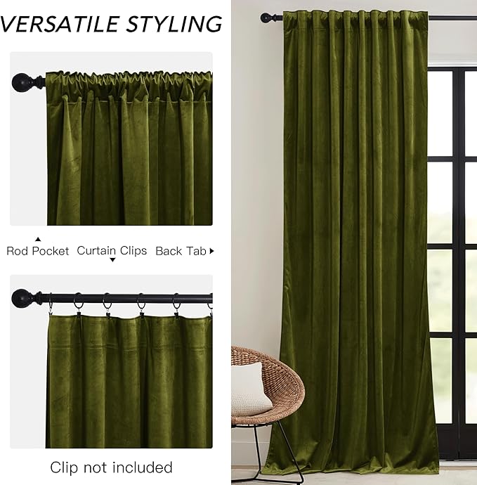 RYB HOME Moss Green Velvet Curtains 84 inches, Luxury and Soft Velvet Fabric, Spring Summer Decorative Curtains & Drapes for Patio Doory Room Window, W 52 x L 84 inches, 2 Panels Set