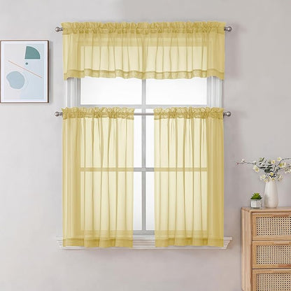 Chyhomenyc Mustard Yellow Sheer Valances for Windows - Light Filtering Small Kitchen Curtains, Short Top Window Treatment Decor for Living Room Bathroom Basement, 42Wx18L inches, 2 Pack