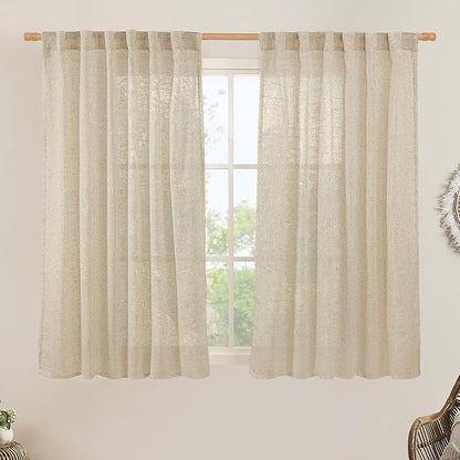 LAMIT Semi Sheer Linen Curtains 45 Inches Long 2 Panels, Light Filtering Panels Back Tab and Rod Pocket Neutral Drapes for Kitchen/Window/Bedroom, 52 x 45 Inch