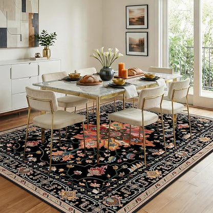 Area Rugs 8'x10' Washable Non-Slip, Floral Vintage Distress Print Pattern Medallion Carpet for Living Room Bedroom Dining Room, Black Colorful Floral Dark Tan