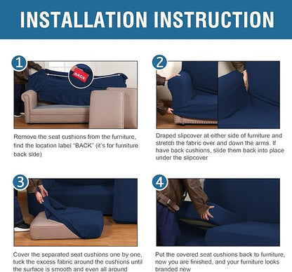 4 Piece Stretch Sofa Covers for 3 Cushion Couch Covers Furniture Slipcovers for Living Room (1 Base Cover Plus 3 Seat Cushion Covers) Thicker Jacquard Fabric Cover (XL Sofa, Navy)