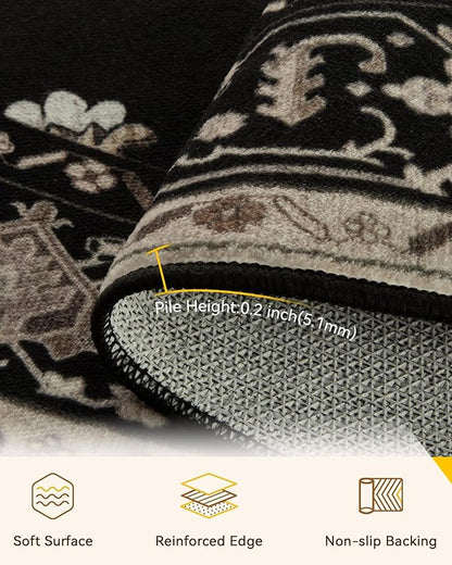 RELEANY Area Rugs 6ft Washable Non-Slip, Floral Vintage Distress Print Pattern Medallion Carpet for Living Room Bedroom Dining Room, Black Brown Neutral Dark Tan