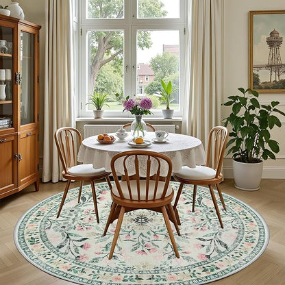 Round Area Rug for Living Room: 4 ft Floral Washable Circle Rug Soft Non-Slip Carpet Indoor Stain Resistant Low Pile Small Circular Rug for Bedroom Entryway Kitchen Nursery Home Office Green Beige