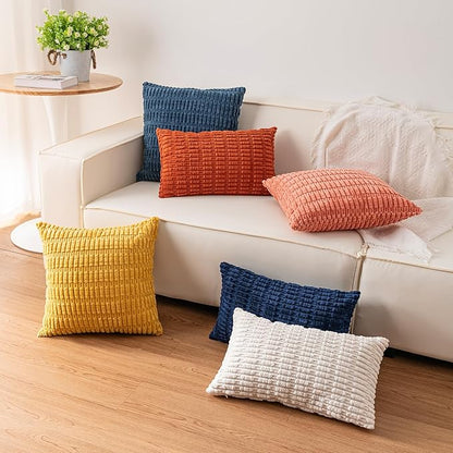 Pack of 2 Corduroy Decorative Throw Pillow Covers 24x24 InchSoft Striped Pillow Covers Modern Farmhouse Home Decor for Sofa Living Room Couch Bed（White）