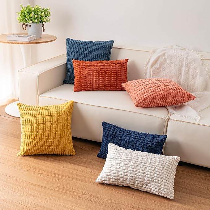 Pack of 2 Corduroy Decorative Throw Pillow Covers 22x22 Inch Soft Striped Pillow Covers Modern Farmhouse Home Decor for Sofa Living Room Couch Bed（Light Grey）