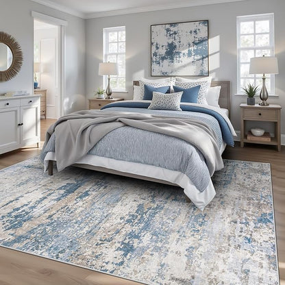 pmtsns Area Rugs 6x9 for Living Room: Washable Rug Modern Abstract Neutral Soft Non-Slip Low-Pile Indoor Carpet for Bedroom Dining Room Playroom Home Office (Light Blue Brown, 6'x9')
