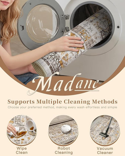 Madane Hallway Runner Rug 2x12, Extra Long Washable Runner Rugs with Rubber Backing, Non Slip Carpet Runner, Vintage Rug Runners for Kitchen Laundry Room Entryway (Brown/Gold, 2'x12')