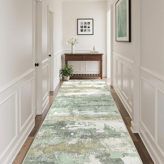 BEIMO Runner Rug for Hallway Kitchen, 2'6"x7' Machine Washable Runners Rug for Entryway, Soft Modern Abstract Throw Rugs, Low Pile Floor Cover with Non Slip Backing, Light Green