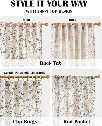 Lazzzy Farmhouse Linen Curtains Extra Long Black Floral Curtains 108 Inch Length Back Tab Drapes for Living Room Bedroom Light Filtering Country Vintage Rod Pocket, 2 Panels, Black on Beige