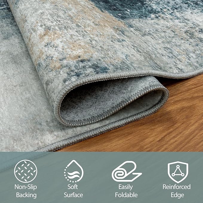 Runner Rug for Hallways Kitchen 2'6"x8' Washable Non Slip: Carpet Non Skid 8ft Entryway Rubber Backed 8 Feet Neutral Abstract Modern Rug Low Pile Pet Friendly Indoor Teal Grey Gold