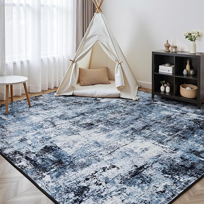 Rugflix 5x7 Area Rugs for Living Room, Washable Large Rug Stain-Resistant Low Pile, Modern Dark Carpet for Dining Room Home Office Kid Room Nursery Bedroom, Navy Blue/Black