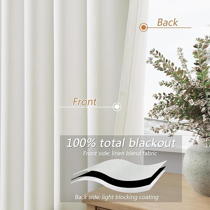 Guken Ivory 100% Blackout Linen Curtains 96 Inch Length 2 Panels Set for Living Room Bedroom Back Tab/Rod Pocket Thermal Insulated Black Out Drapes Room Darkening Window Curtains 96 Inches Long