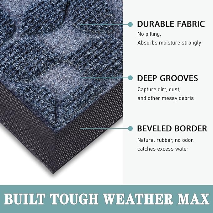 Bulijojo Sturdy Front Entrance Doormats,Durable Heavy Duty Welcome Mat,Thick Absorbent Natural Rubber Non Slip Mat,Easy Clean Entryway Mat Geometric Blue 23"x35"