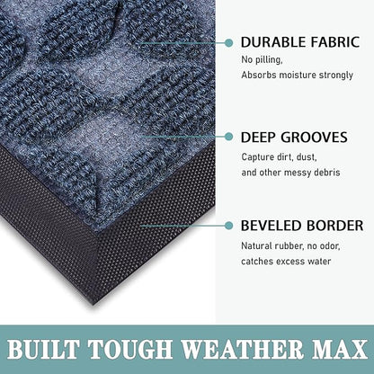 Bulijojo Sturdy Front Entrance Doormats,Durable Heavy Duty Welcome Mat,Thick Absorbent Natural Rubber Non Slip Mat,Easy Clean Entryway Mat Geometric Blue 23"x35"