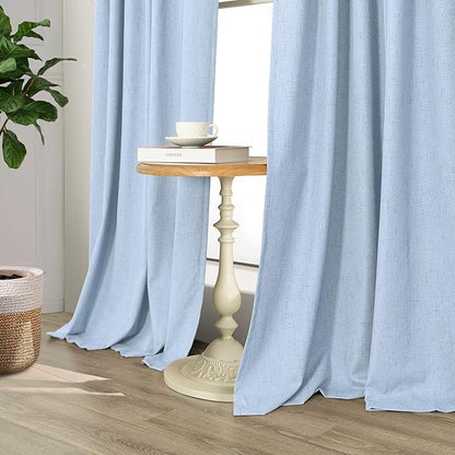 Light Blue Black Out Curtains 96 Inches Long for Living Room 100% Blackout Linen Textured Thermal Window Treatments Grand Millenial Curtain Drapes for Bedroom Modern Farmhouse Decor 96 Length 2 Panels