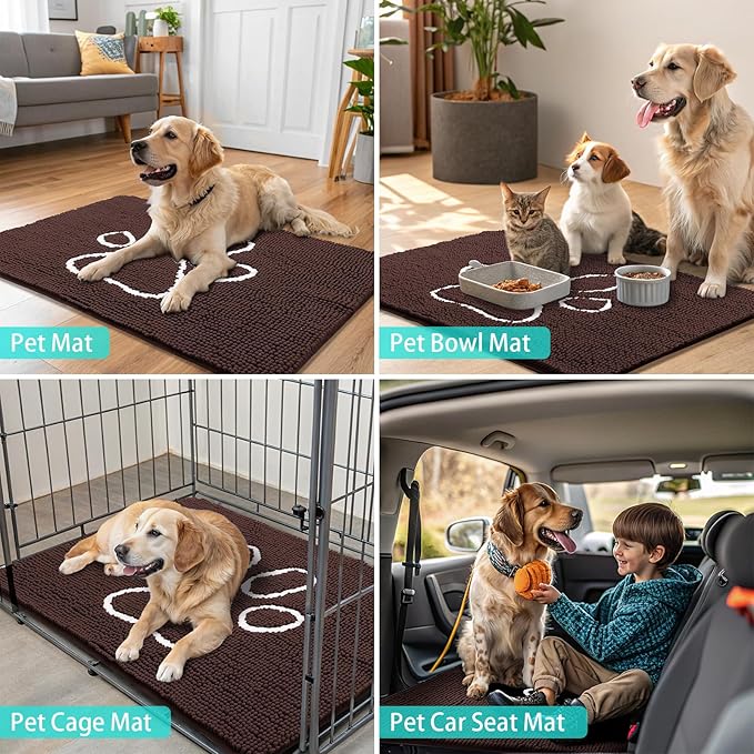 Smiry Dog Door Mat for Muddy Paws, Absorbent Dirt Trapper Non Slip Quick Dry Washable Chenille Mat for Mud Dogs, Entry Rug for Indoor and Outdoor (47x20 Inches, Brown and White)