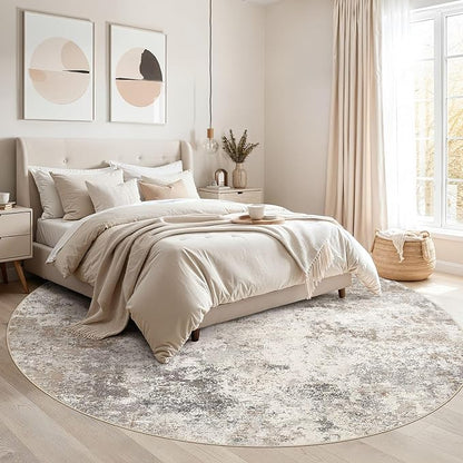 UERMEI 8ft Round Area Rug Living Room Rugs - 8x8 Washable Neutral Modern Abstract Soft Thin Rug Indoor Floor No Slip Rug Carpet for Bedroom Under Dining Table Home Office Decor - Brown Grey