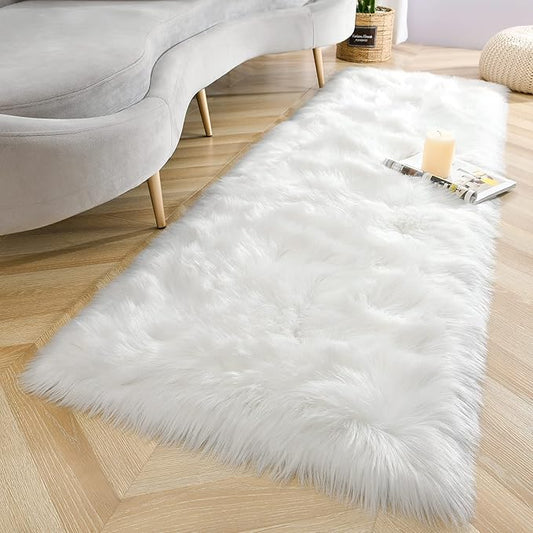 LOCHAS Soft Fluffy Faux Fur Rugs for Bedroom Bedside Rug 2x5 Feet, Washable, Furry Sheepskin Area Rug for Living Room Girls Room, Luxury Shag Carpet Home Decor, White