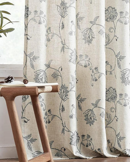 Jinchan Linen Floral Curtains 63 Inch Length for Living Room & Bedroom - Light Filtering Rod Pocket Back Tab Jacobean Curtains Flax Linen Texture Window Drapes Set 2 Panels Black on Linen