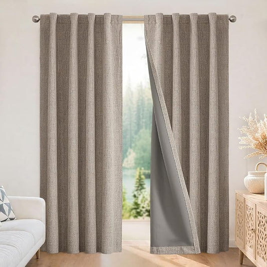 Joydeco Blackout Curtains for Bedroom - 100% Light Blocking 2 Panels Set Linen Drapes 37" W x 96" L, Thermal Insulated Room Darkening Curtains, Linen Textured for Living Room, Rod Pocket & Back Tabs