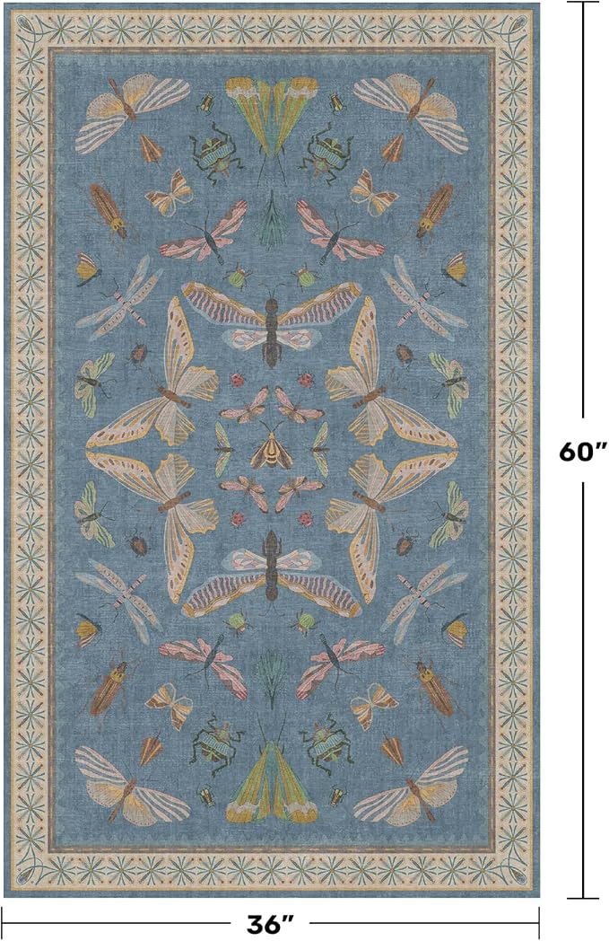 Hazo Haus Insect 3x5 Washable Stain Resistant Rugs for Large Kitchen, Ultra Soft Faux Wool Rugs for Kids Bedroom Beside Bed, Non Slip Entry Rug, Low Pile Fade Resistant, Dusty Blue