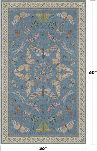Hazo Haus Insect 3x5 Washable Stain Resistant Rugs for Large Kitchen, Ultra Soft Faux Wool Rugs for Kids Bedroom Beside Bed, Non Slip Entry Rug, Low Pile Fade Resistant, Dusty Blue