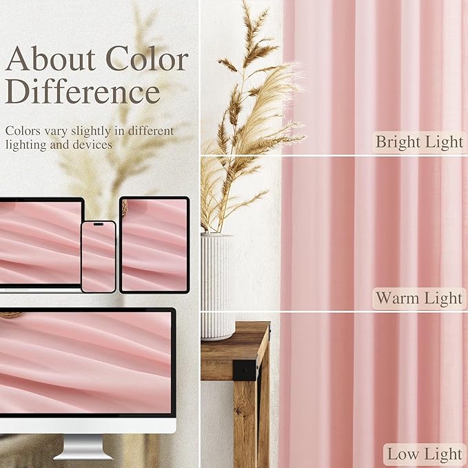 Nanspring Pink Linen Curtains 102 Inches Long Rod Pocket Back Tab Drapes 2 Panels Set for Kids Light Filtering Semi Sheer Pink Curtain 102 Length for Patio Door Bedroom 52x102
