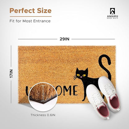 Black Cat - 17"x29" - Coir Door Mat with Heavy Duty Backing - Welcome Mats for Entryway, Porch - Anti-Slip PVC & Coconut Fiber Surface - Natural Home Accessories, Minimalist Original Design