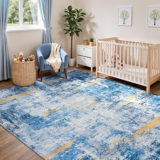 Rugflix 5x7 Area Rugs for Living Room, Washable Large Rug Stain-Resistant Low Pile, Modern Carpet for Dining Room Home Office Kid Room Nursery Bedroom, Blue Gold